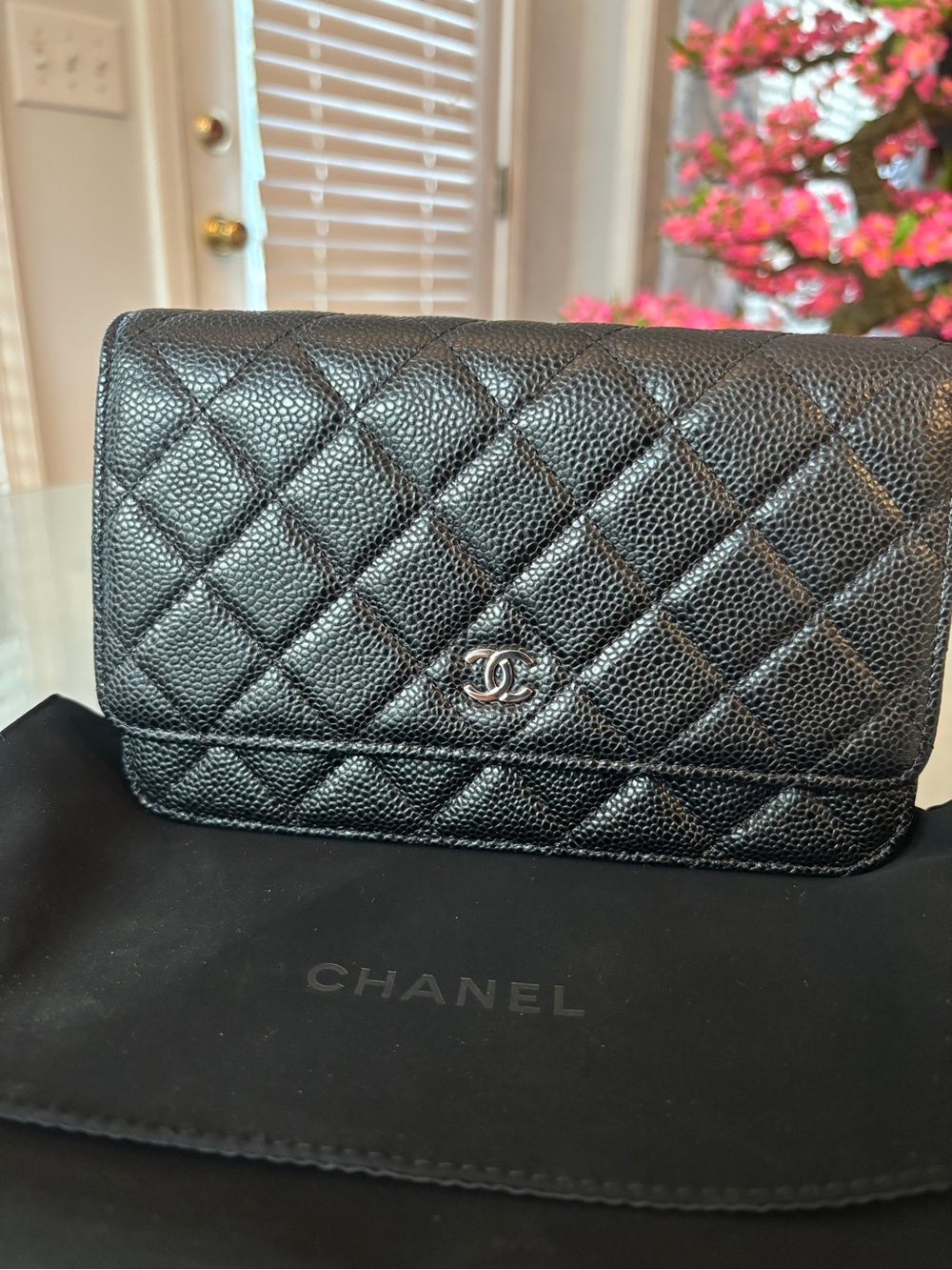 Black Quilted Caviar Leather Wallet-on-Chain with Silver CC